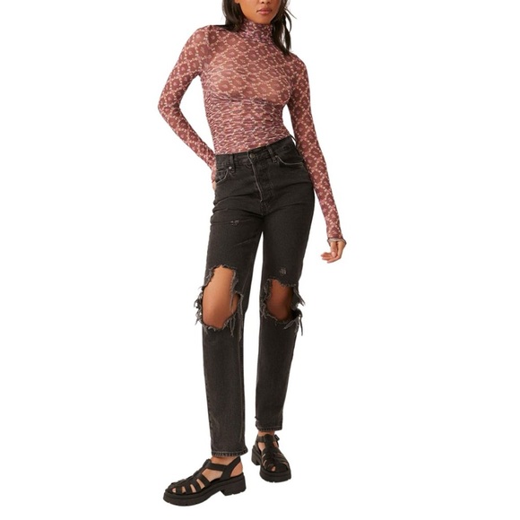 INTIMATELY by FREE PEOPLE Under It All Ruched Mesh Turtleneck Bodysuit in Garnet - Picture 3 of 11